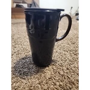 Longaberger Woven Traditions Pottery Black Travel Mug Lid Coffee Cup Ceramic‎